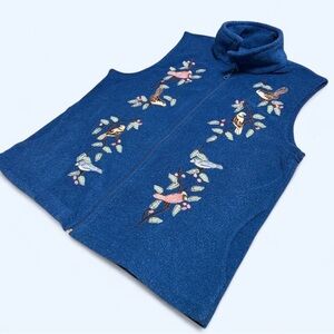 Vintage Oceania Blue Zip-Up Lightweight Vest with Bird Embroidery
